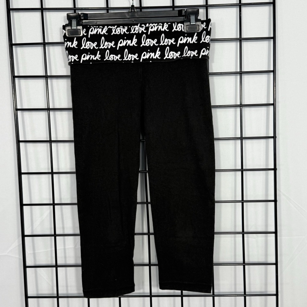 Victoria's Secret PINK Cropped Yoga Pants XS Black Foldover Spellout Love Y2K